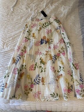 Lulu's White A-Line Eyelet Skirt with Pink, Blue & Yellow Floral Print